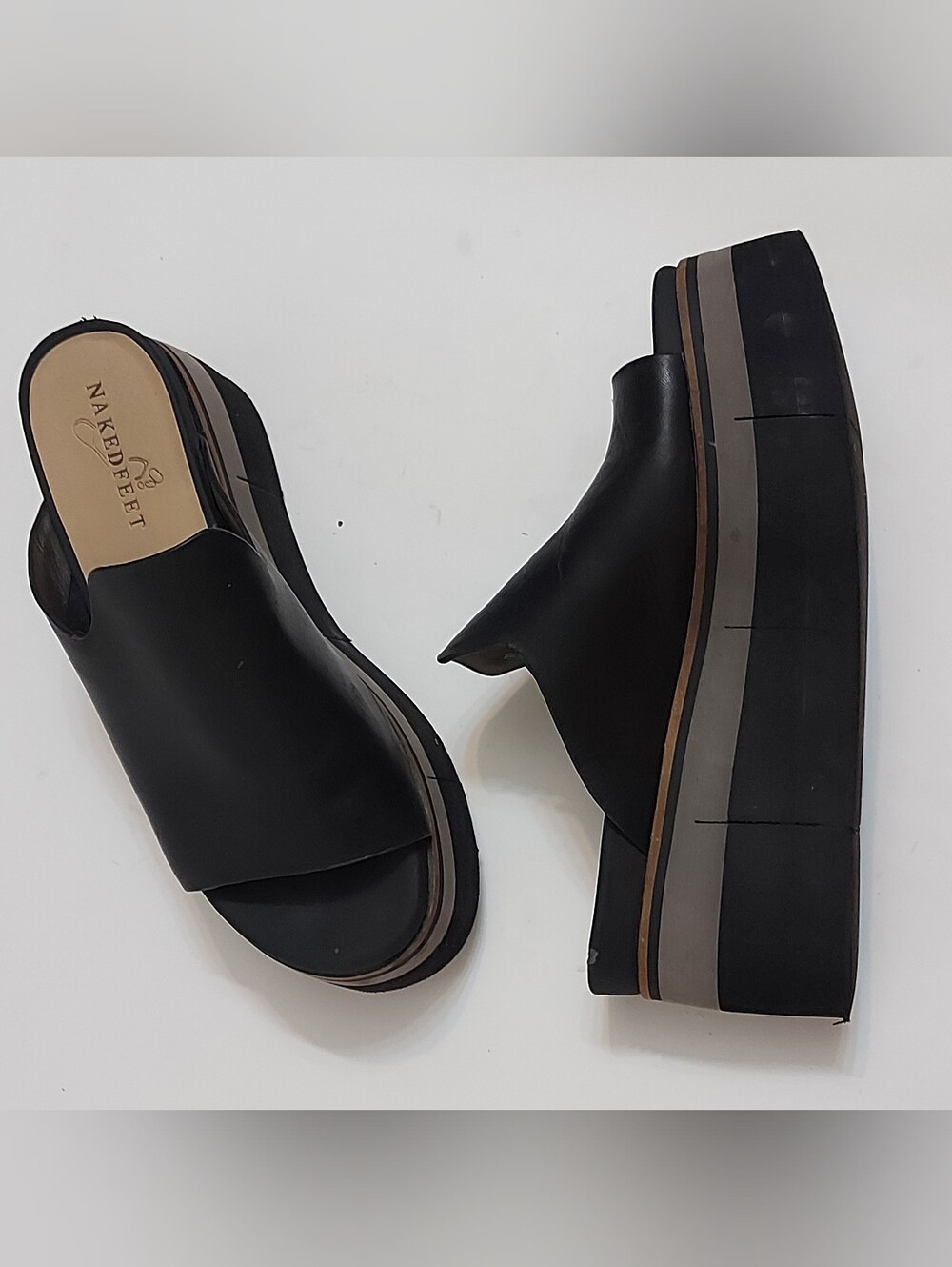 Naked Feet Black Platform Slide Sandals with Brown and Gray Stripe